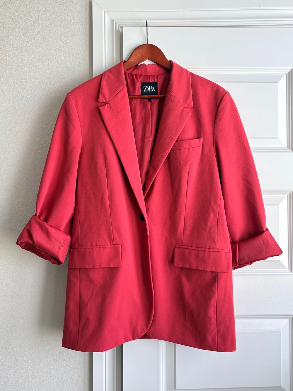 Zara Coral Red Longline Single Button Blazer Jacket M